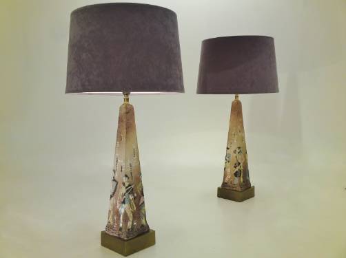 Pair Harlequin Brutalist vintage ceramic table lamps, 1960`s ca, Italian